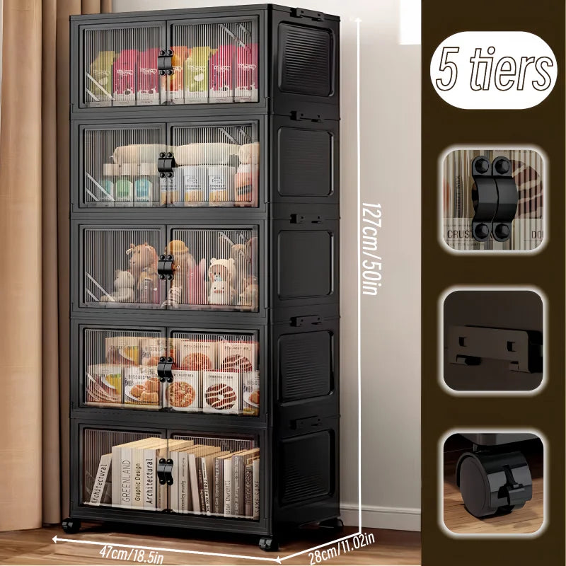 ONENOBLE Foldable Storage Cabinet With Wheels And Clear Double Doors