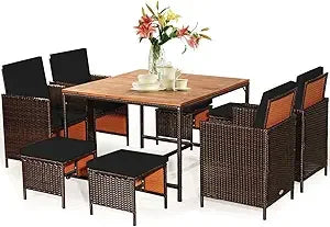 9 Piece Outdoor Patio Dining Set Rattan Chairs With Tempered Glass Table Ottoman