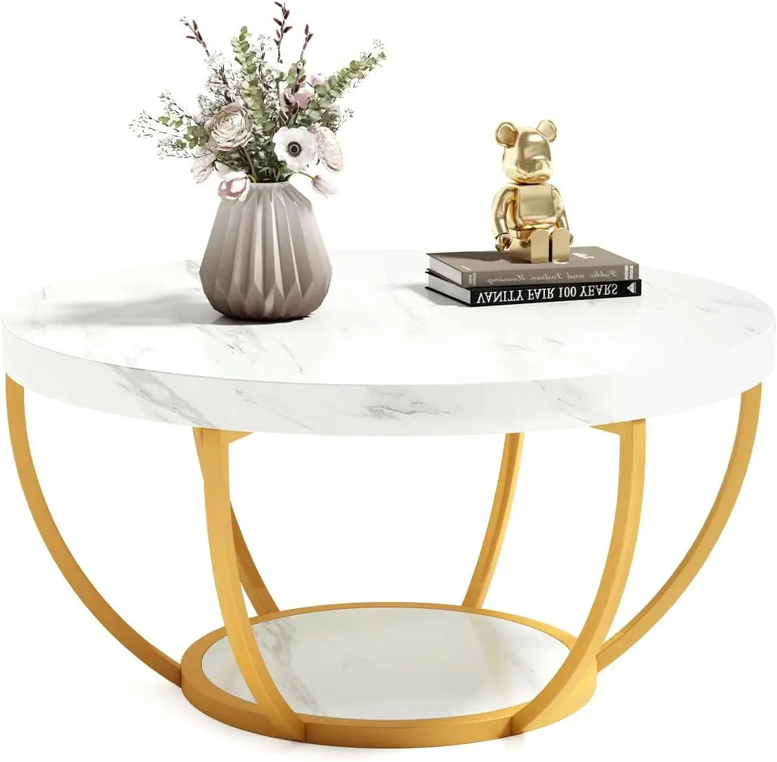 Little Tree Circle Marble Coffee Table With Metal Legs