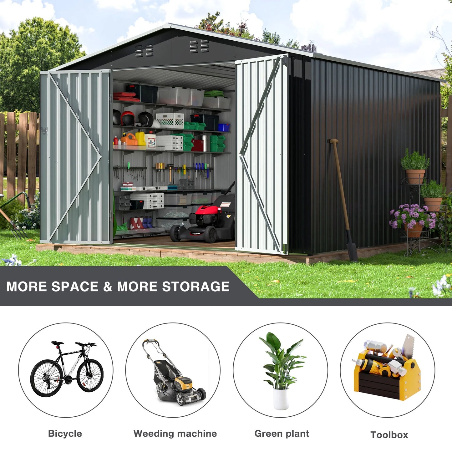 Polar Aurora Galvanized Steel Storage Shed Heavy Duty Lockable Tool Shed