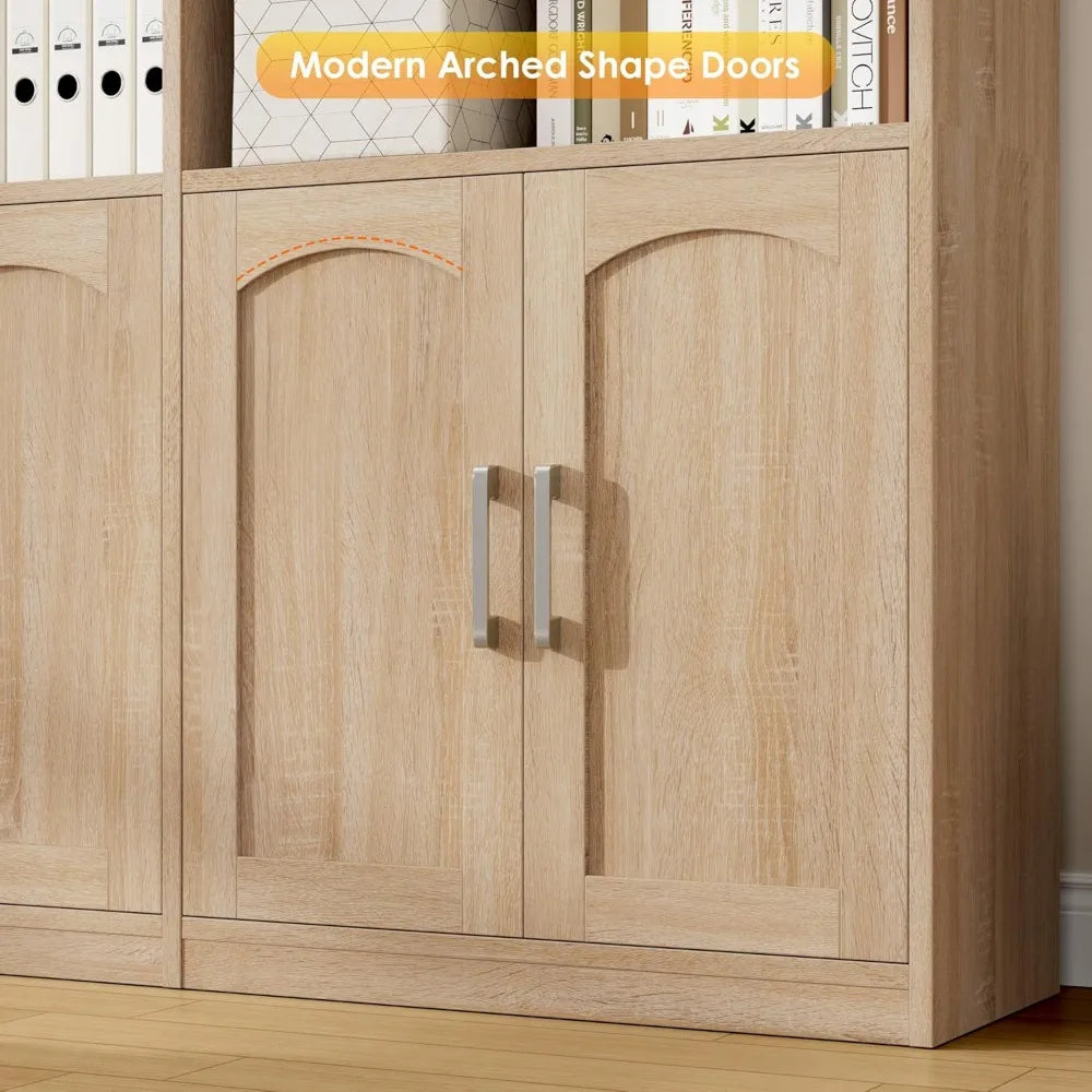 XIUWO Six Tier Double Wide Bookshelf With Doors And Storage Cabinets