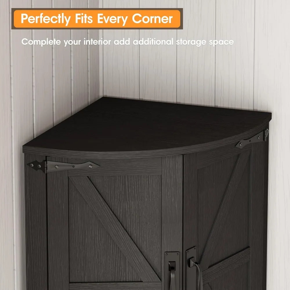 Farmhouse Corner Cabinet With Barn Door Four Doors Five Shelves