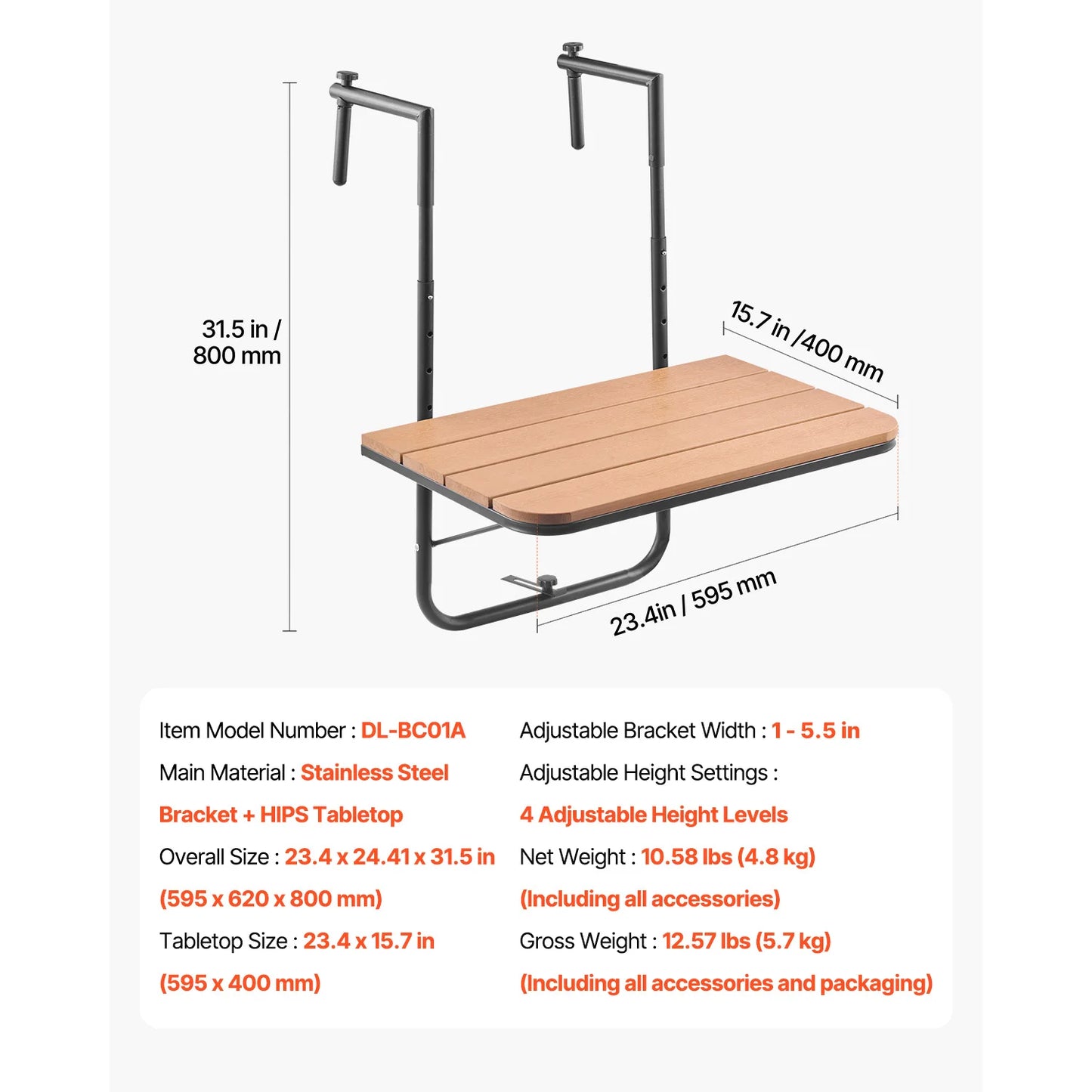 Balcony Railing Table Folding Stainless Steel Tabletop Outdoor Serving