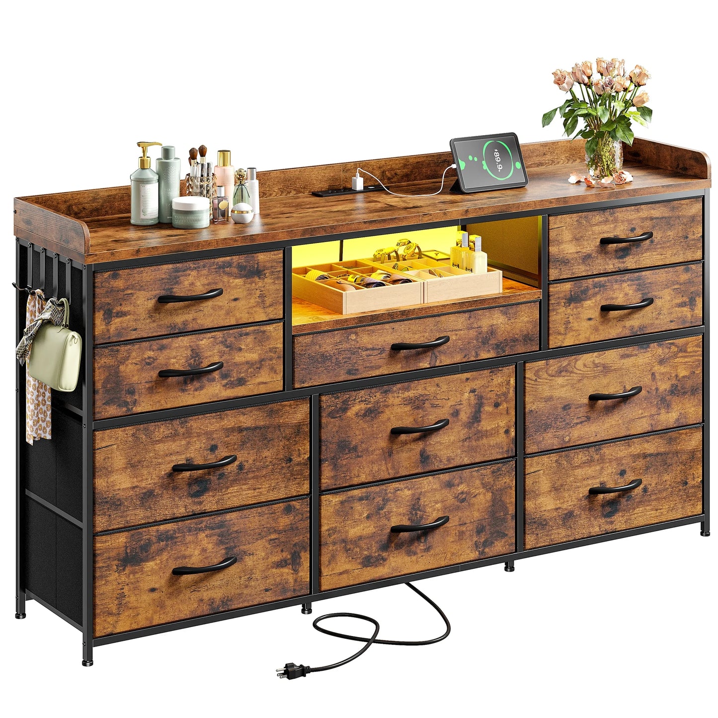 11-Drawer Dresser And TV Stand With LED Lights And Shelves