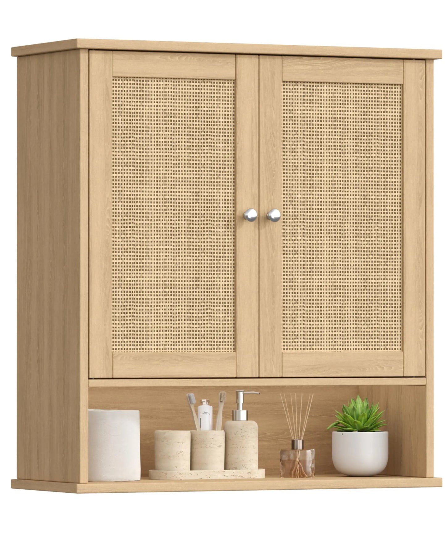 XIUWO Bathroom Wall Cabinet With Adjustable Shelves And Rattan Doors