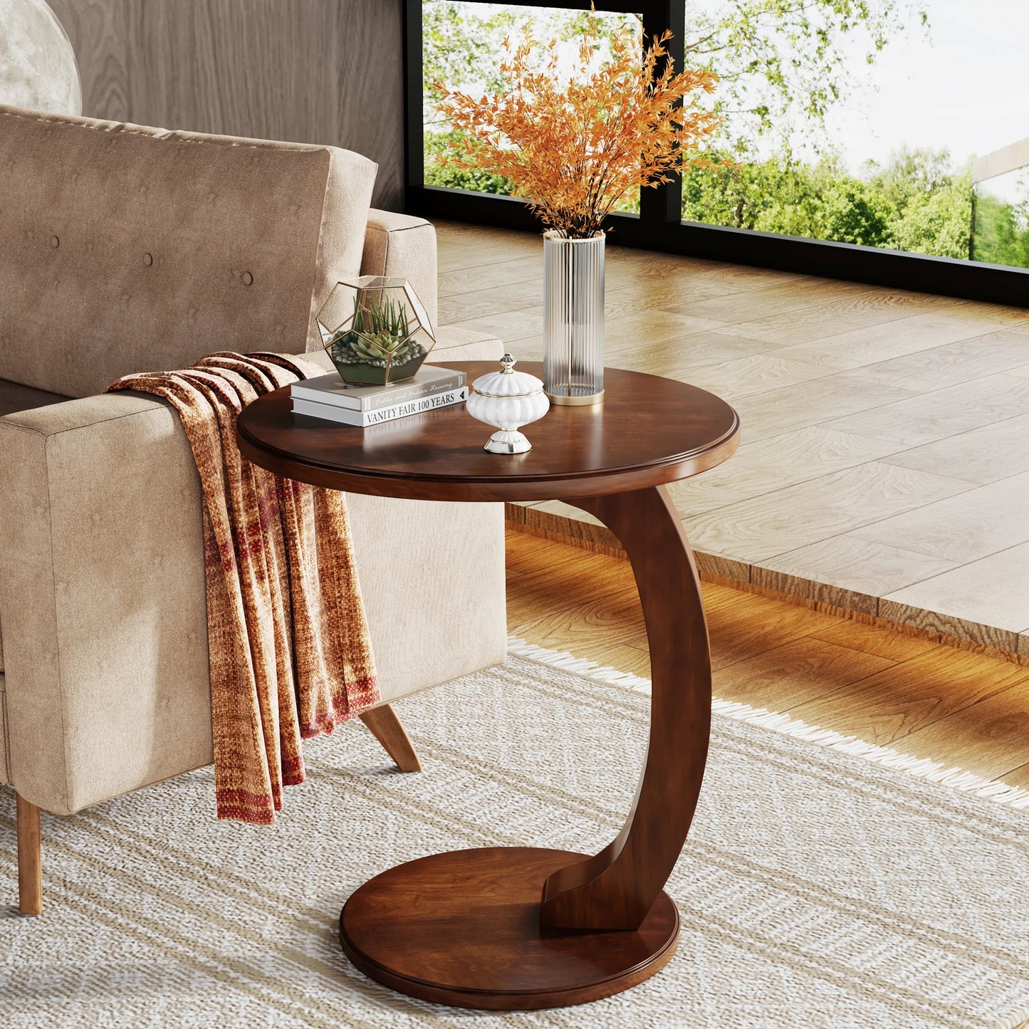 Tribesigns Round End Table C Shaped Wood Side Table