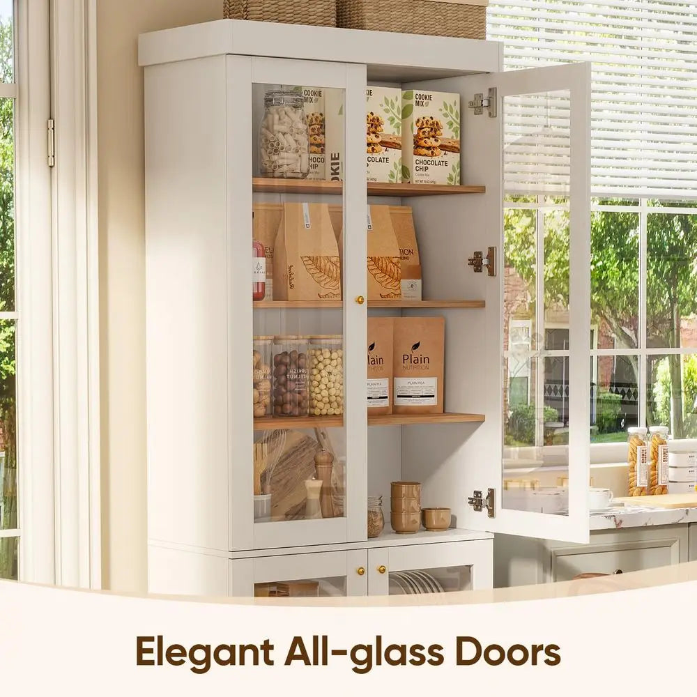 XMSJ Farmhouse Pantry Cabinet With Glass Doors And Adjustable Shelves