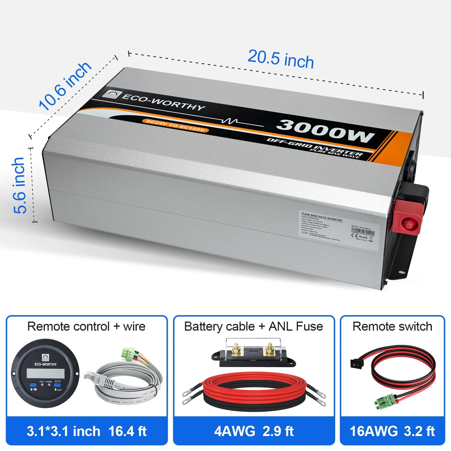 Eco-Worthy 3000W Sine Wave Inverter 24V DC To 120V AC