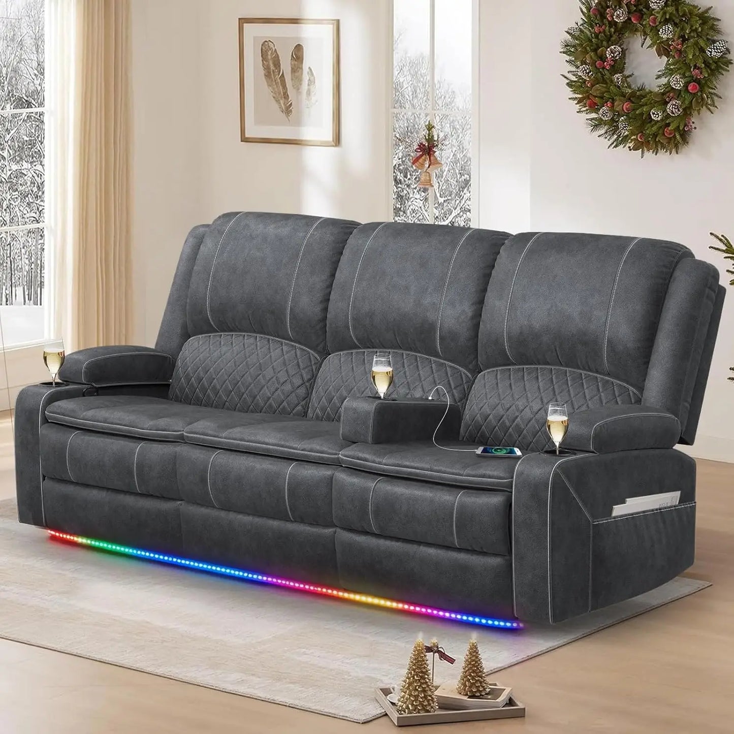 Three Seat PU Leather Recliner Sofa With Console And USB Ports