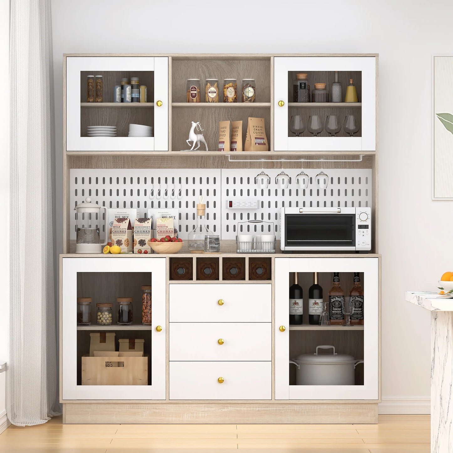 VOWNER Pantry Cabinet With Pegboard Cup Holder And Power Outlet