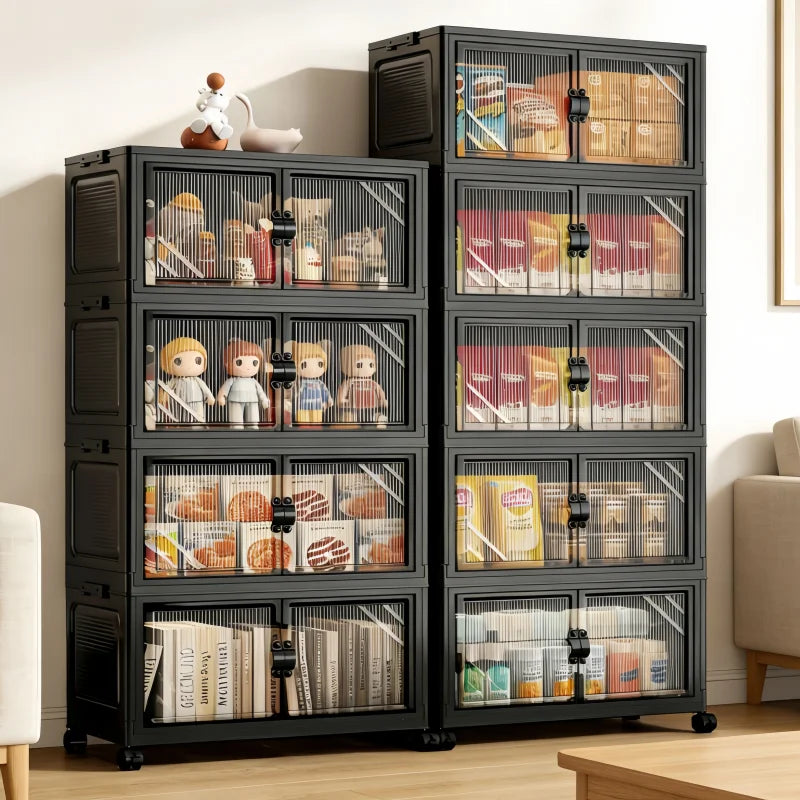 ONENOBLE Foldable Storage Cabinet With Wheels And Clear Double Doors