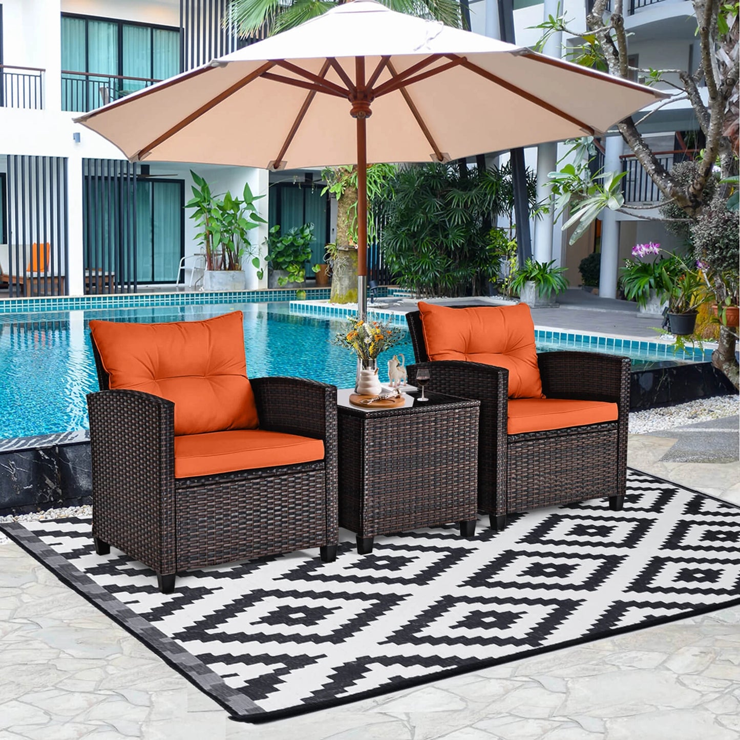 HOMASIS 3-Piece Patio Rattan Cushioned Conversation Set