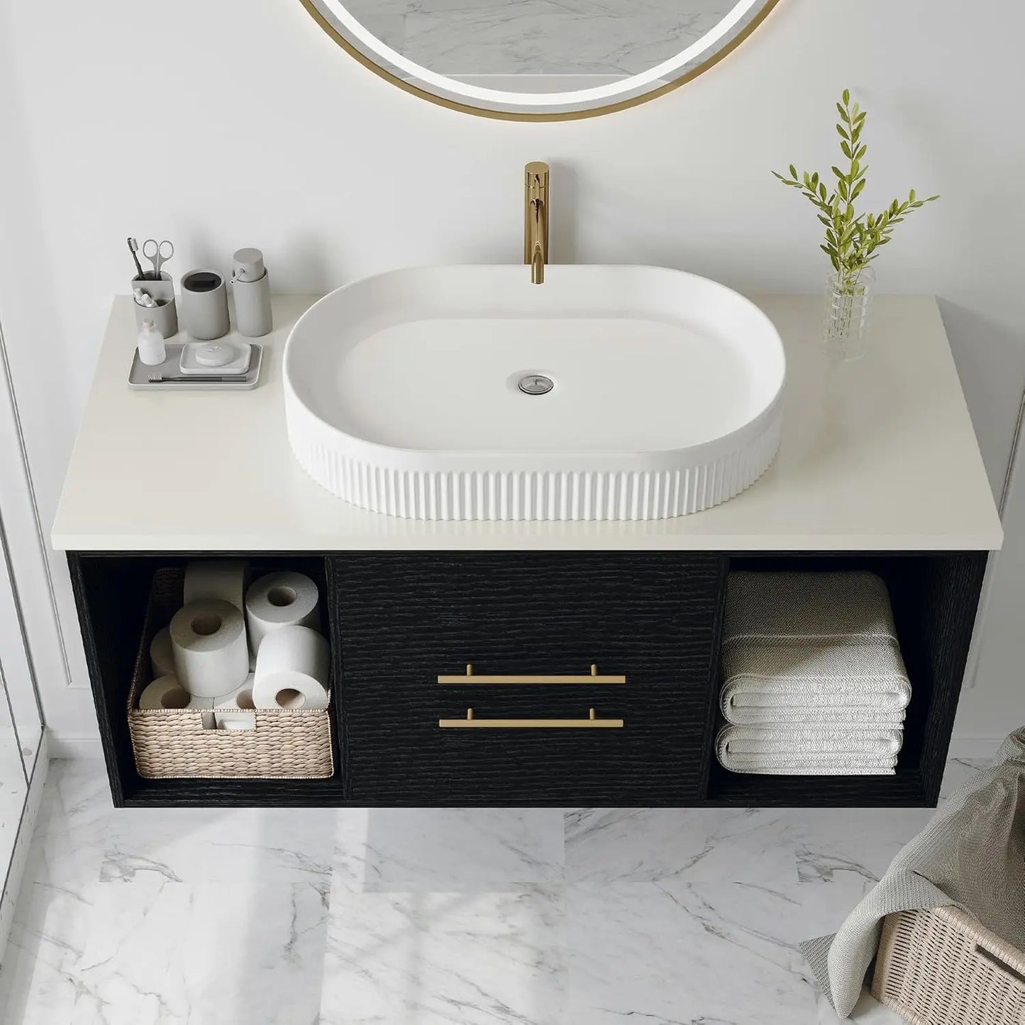 Modern Floating Bathroom Vanity With Ceramic Sink And Wood Cabinet