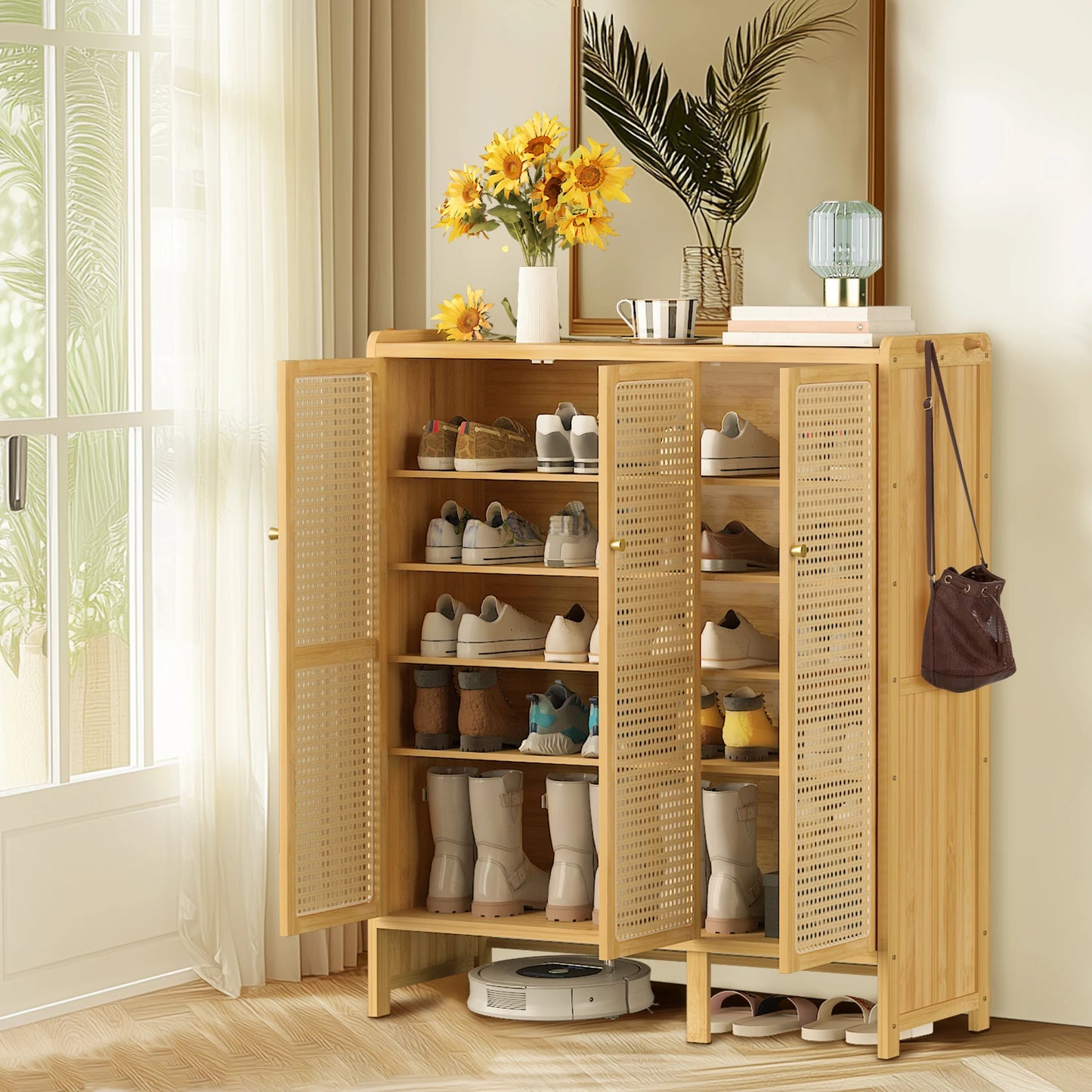 Wisfor Bamboo Shoes Rack Organizer Cabinet With Doors Shelves