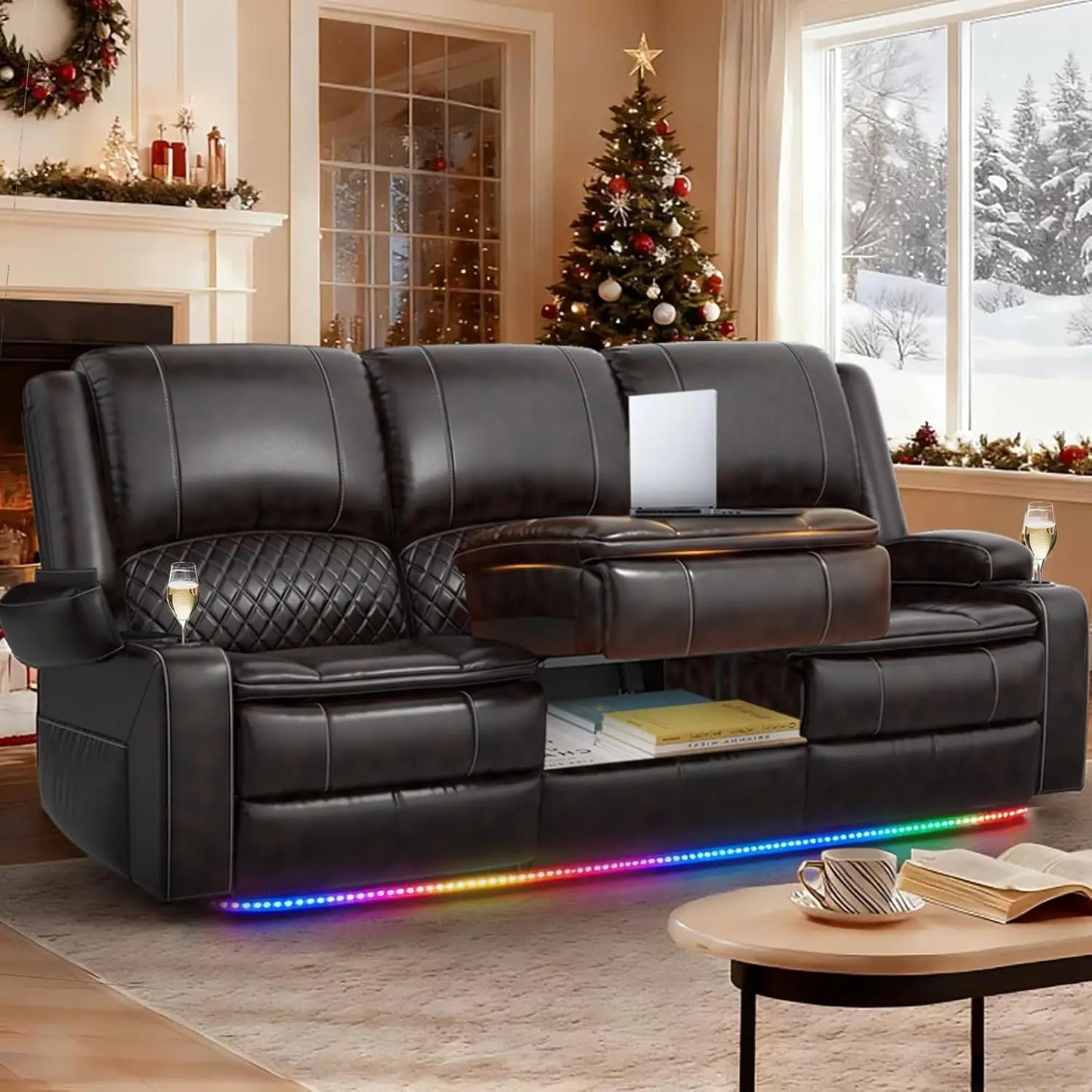 Three Seat PU Leather Recliner Sofa With Console And USB Ports