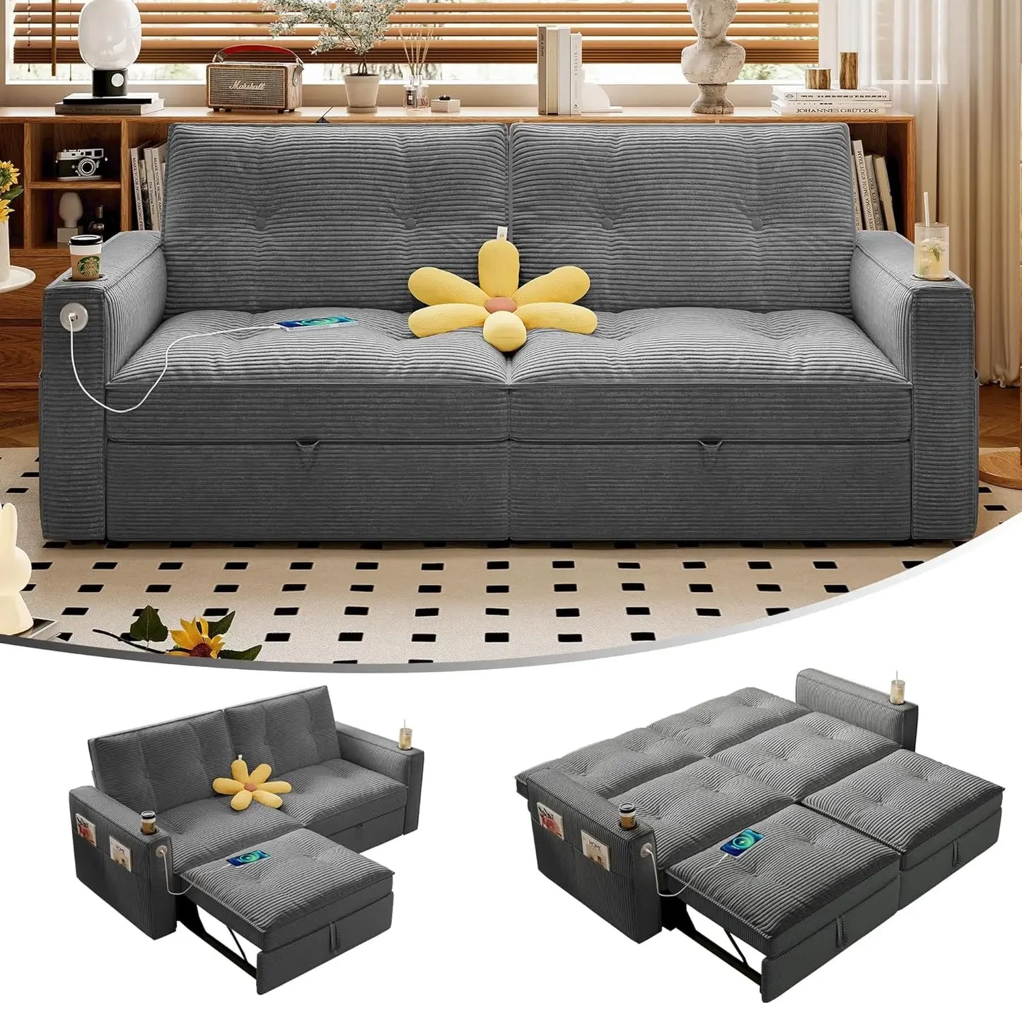 GUANGBAI Modern Sofa Bed Loveseat Sleeper With USB Pockets