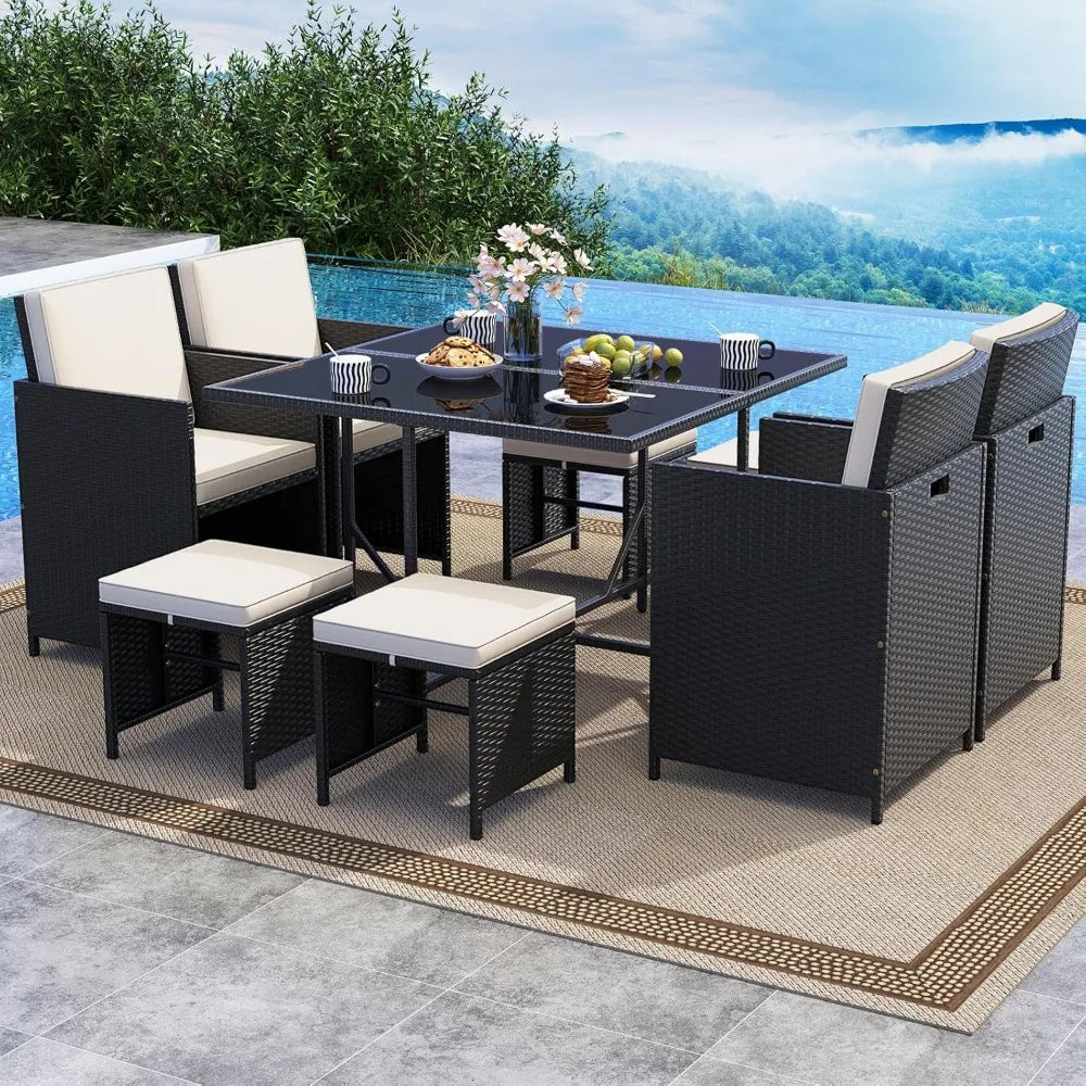 9 Piece Outdoor Patio Dining Set Rattan Chairs With Tempered Glass Table Ottoman