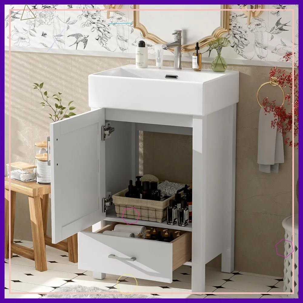 Freestanding Bathroom Vanity With Ceramic Sink Soft Closing Doors Drawers