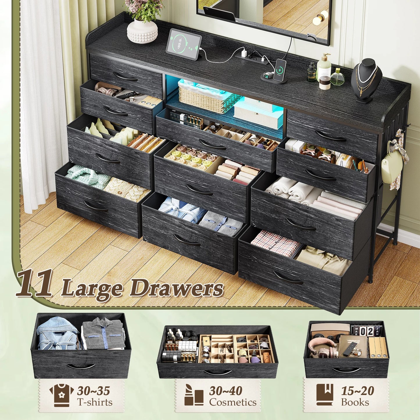 11-Drawer Dresser And TV Stand With LED Lights And Shelves