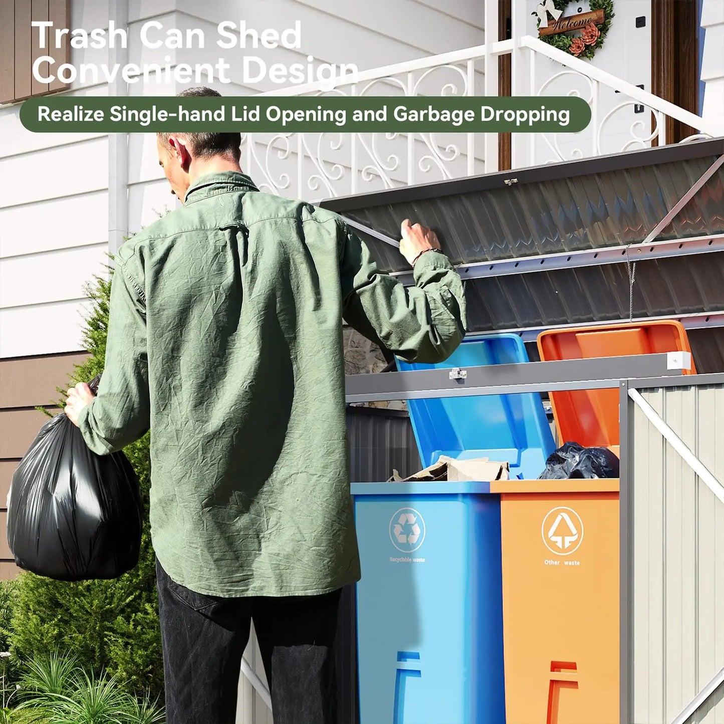 Metal Outdoor Storage Shed With Chain Lid Waterproof Garbage Organizer