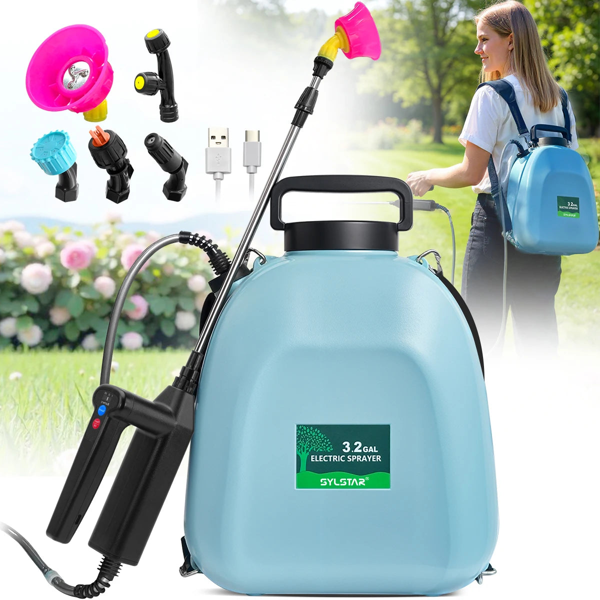 Battery Backpack Sprayer USB Rechargeable Garden Sprayer With Five Nozzles