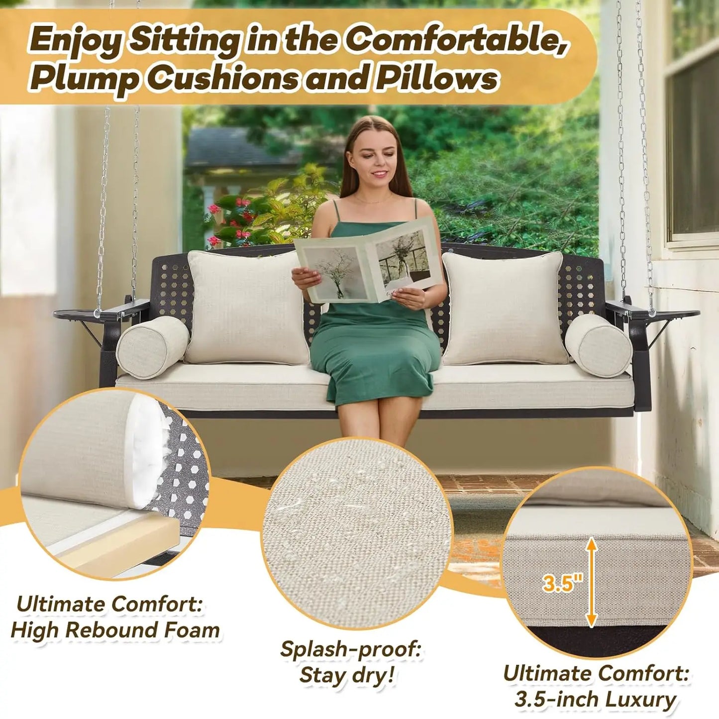 Outdoor Porch Swing Bench With Cup Holders And Back Cushions