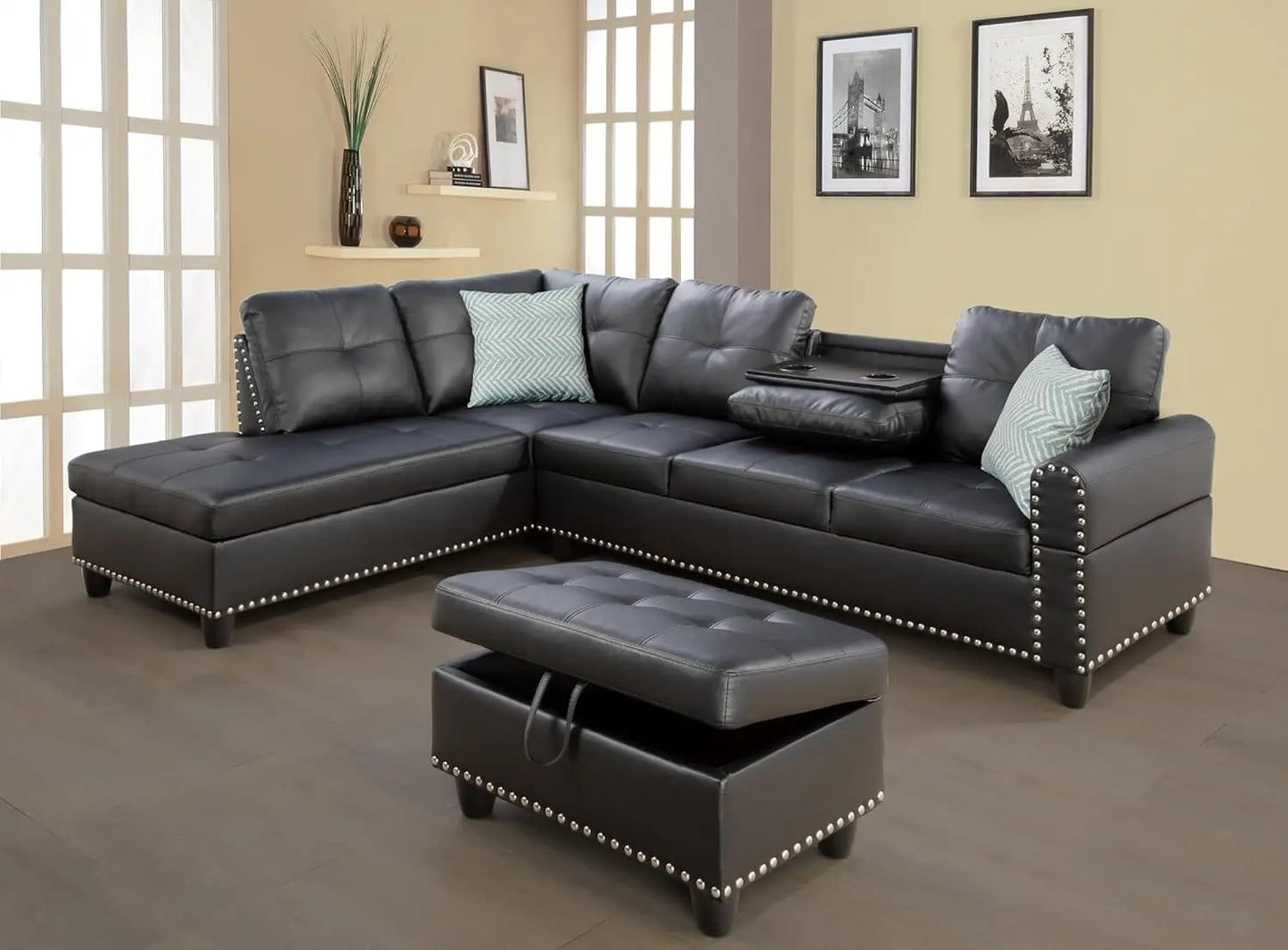Sectional Sofa L-Shaped Set With Chaise Lounge And Ottoman Pillows