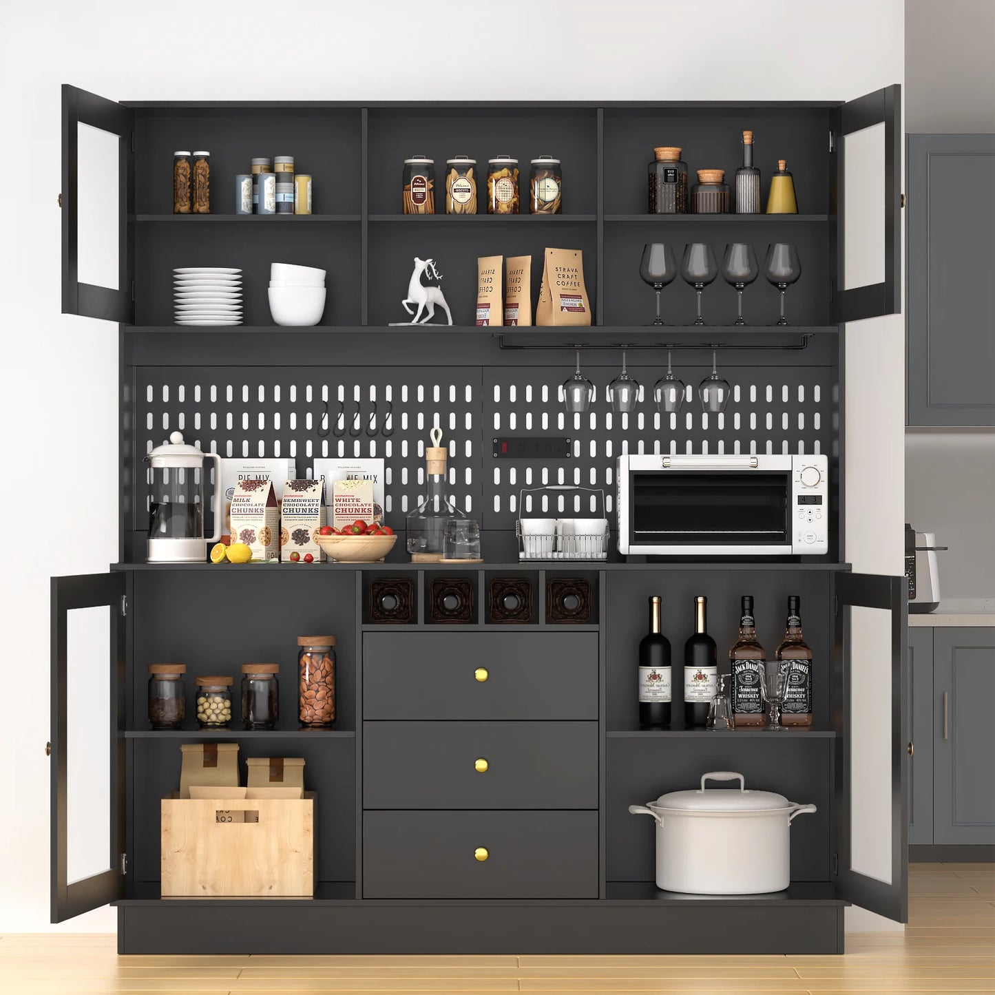 VOWNER Pantry Cabinet With Pegboard Cup Holder And Power Outlet