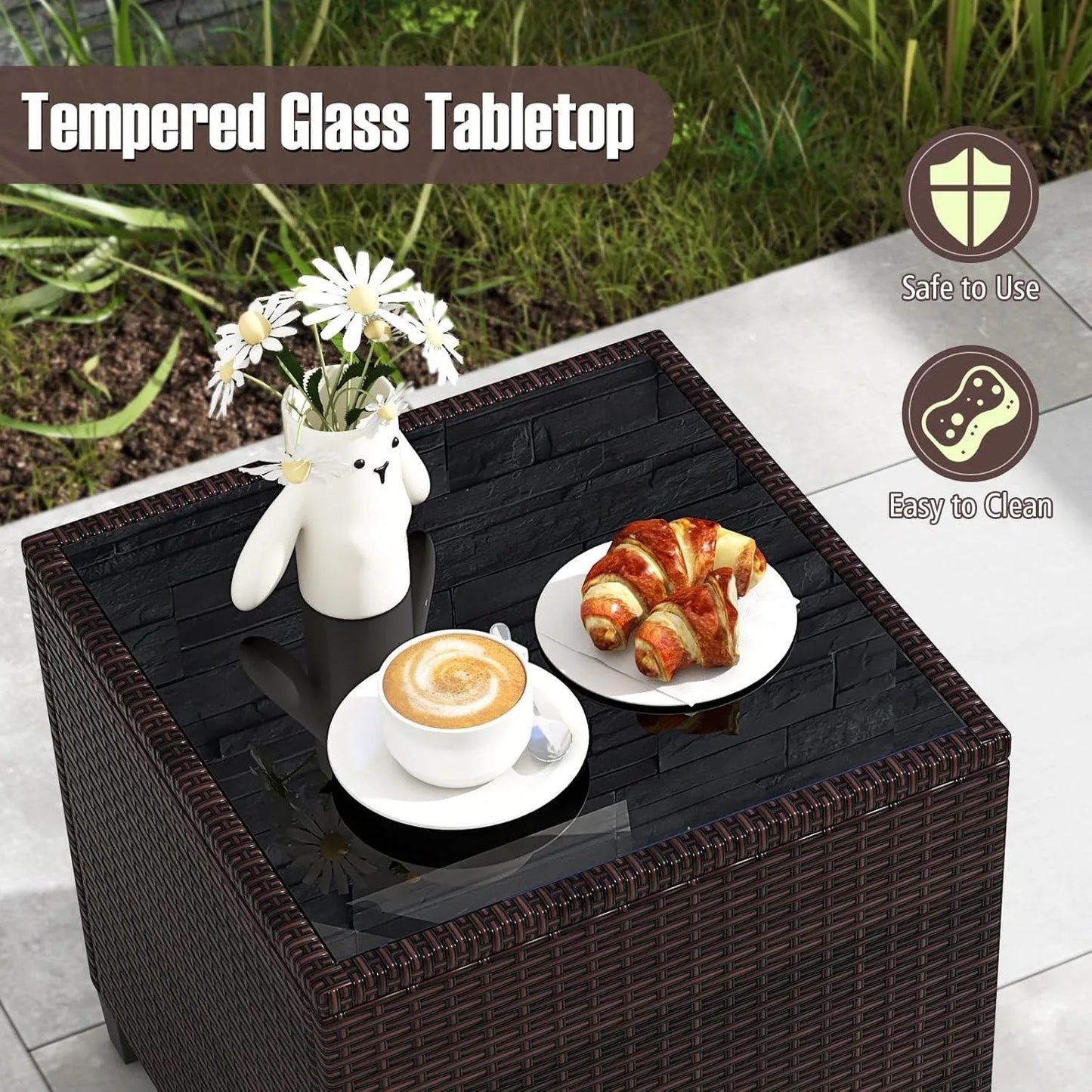 XIUWO 3-Piece Patio PE Rattan Sofa Set With Glass Table