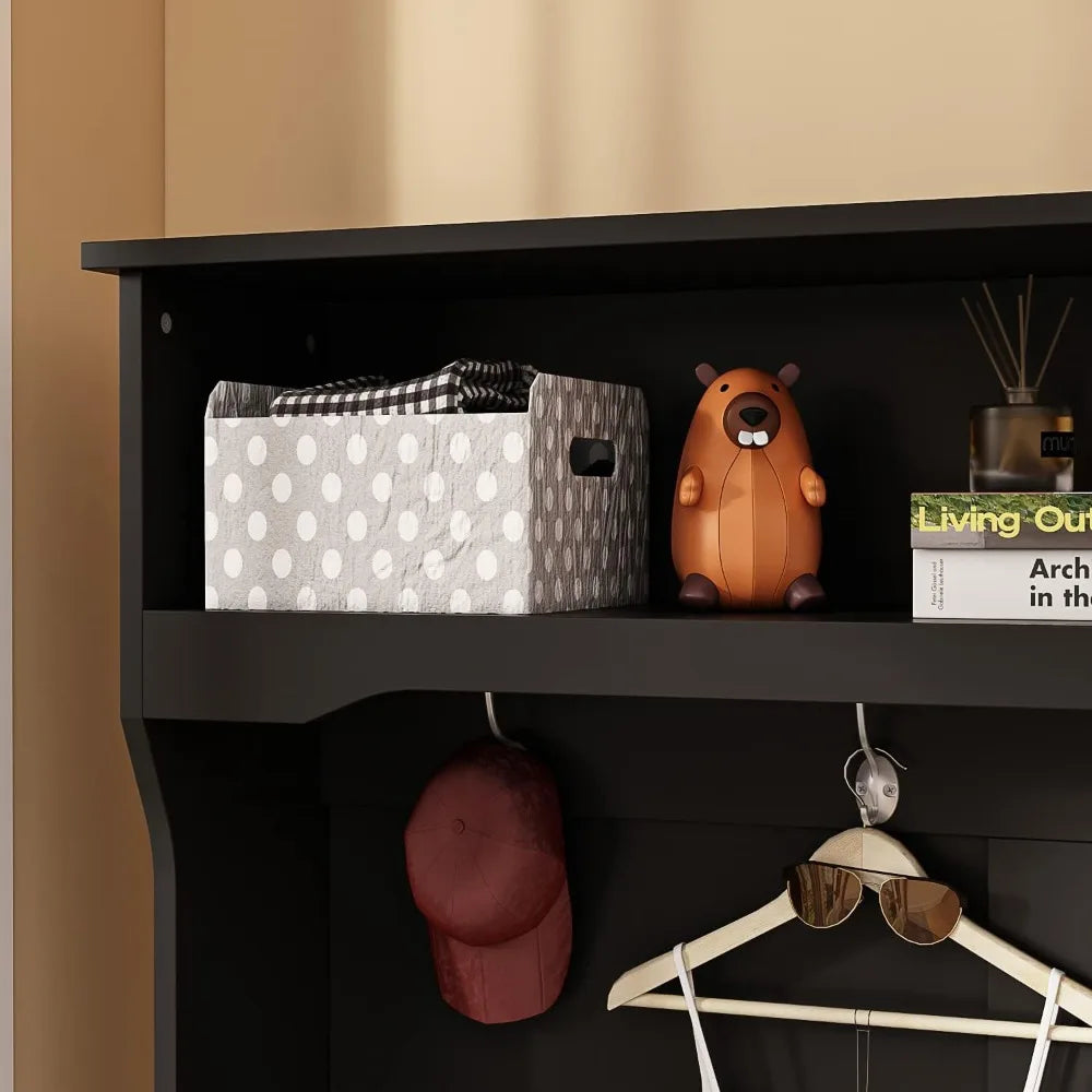 Modern Entryway Storage Bench With Coat Rack Metal Hooks Shelves