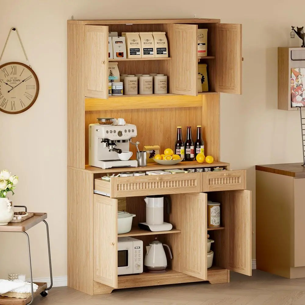 Illuminated Tall Kitchen Pantry Cabinet With Charging And Microwave Storage