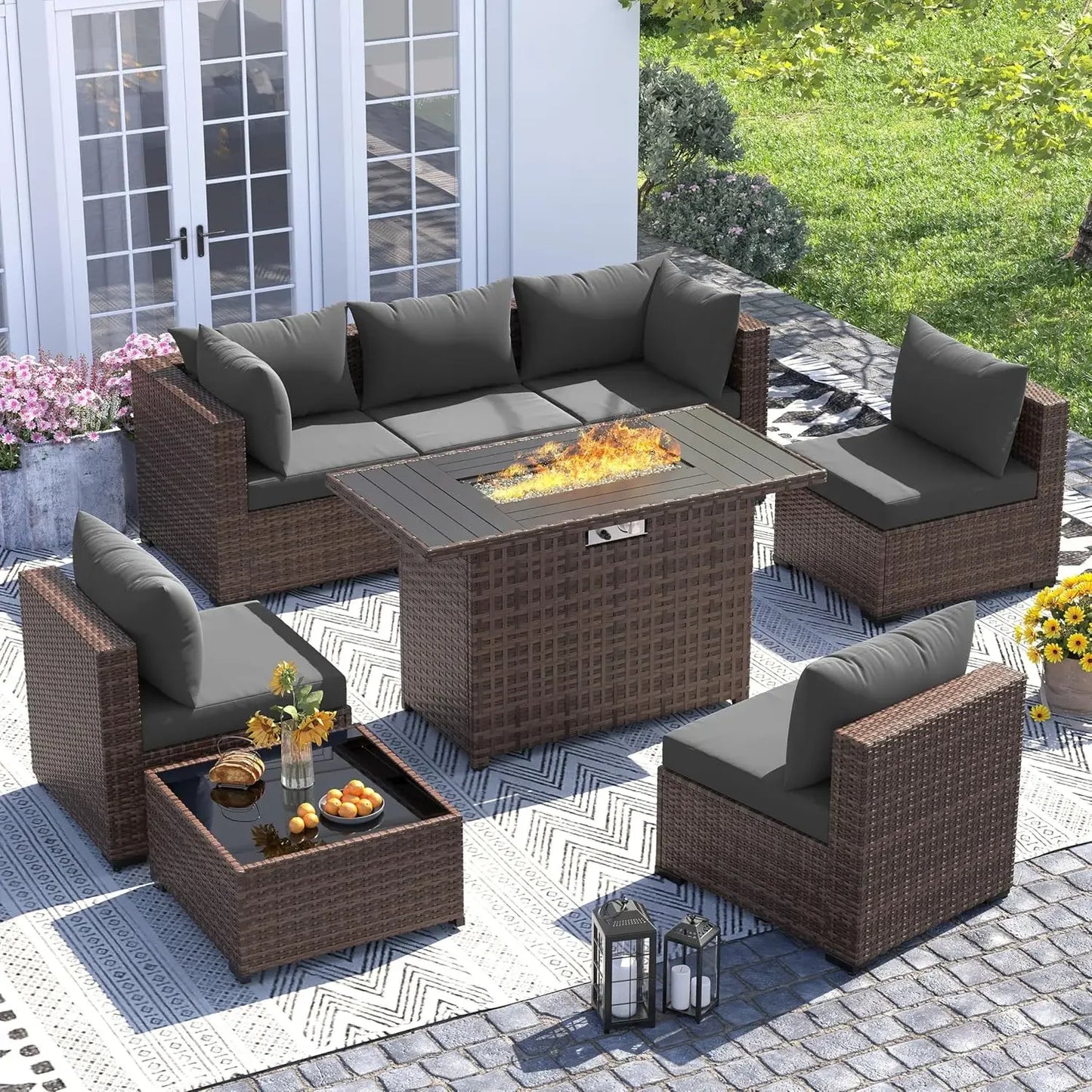 Outdoor 8-Piece Fire Pit Patio Set With All-Weather Wicker