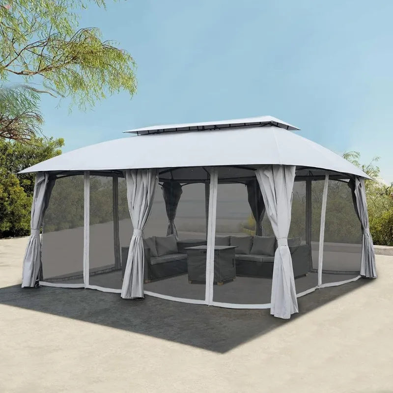 Gazebo For Patio With Double Vent Canopy, Privacy Curtains, Netting