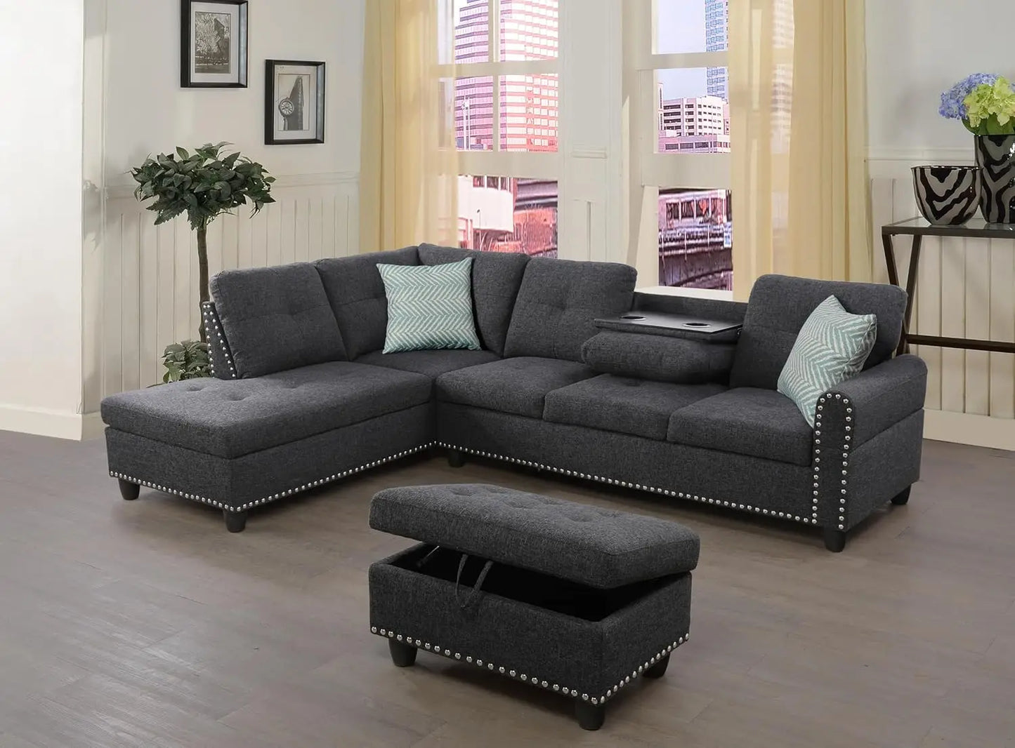 Sectional Sofa L-Shaped Set With Chaise Lounge And Ottoman Pillows