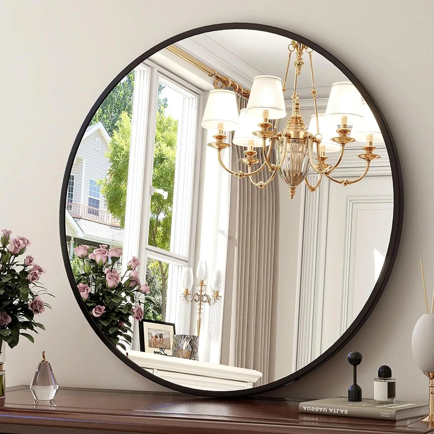 Round Metal Wall Mirror Matte Finish For Entryway Bathroom Living Room Decor