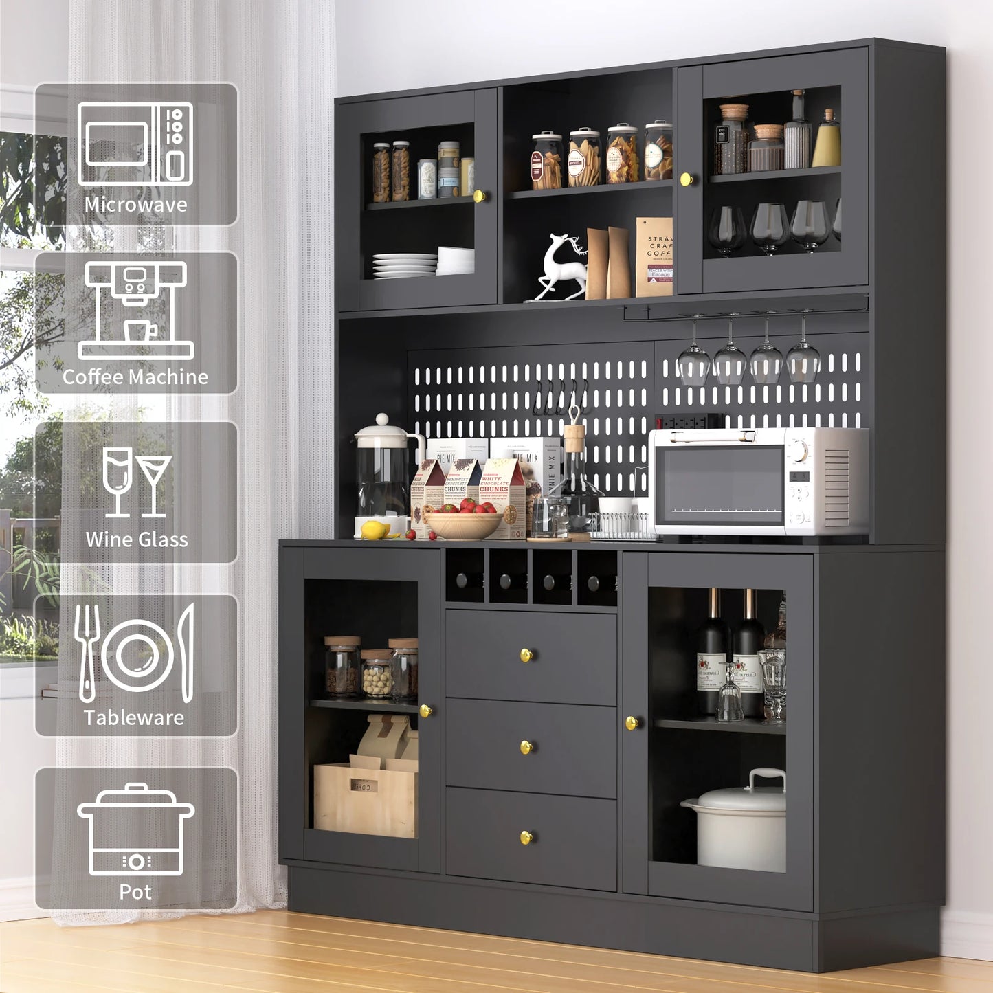 VOWNER Pantry Cabinet With Pegboard Cup Holder And Power Outlet