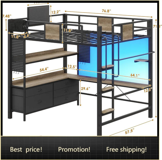 Dnxao Full Loft Bed With Desk Storage Drawers LED Lights