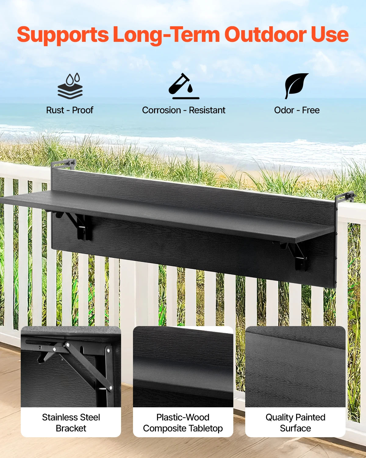 Balcony Railing Table Folding Stainless Steel Tabletop Outdoor Serving