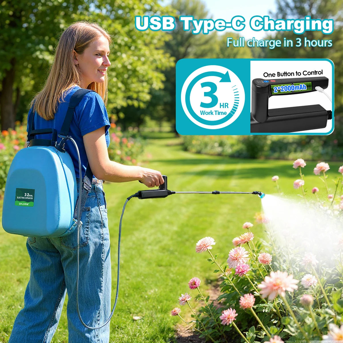 Battery Backpack Sprayer USB Rechargeable Garden Sprayer With Five Nozzles