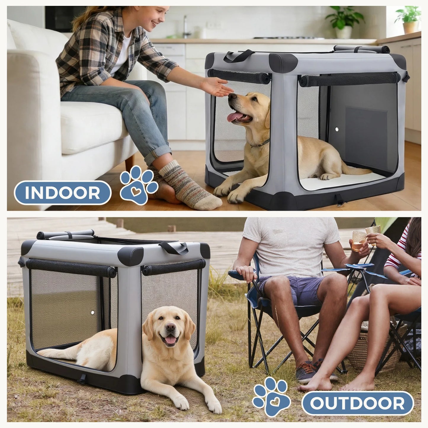 JHK Foldable Soft Dog Crate With 3 Doors