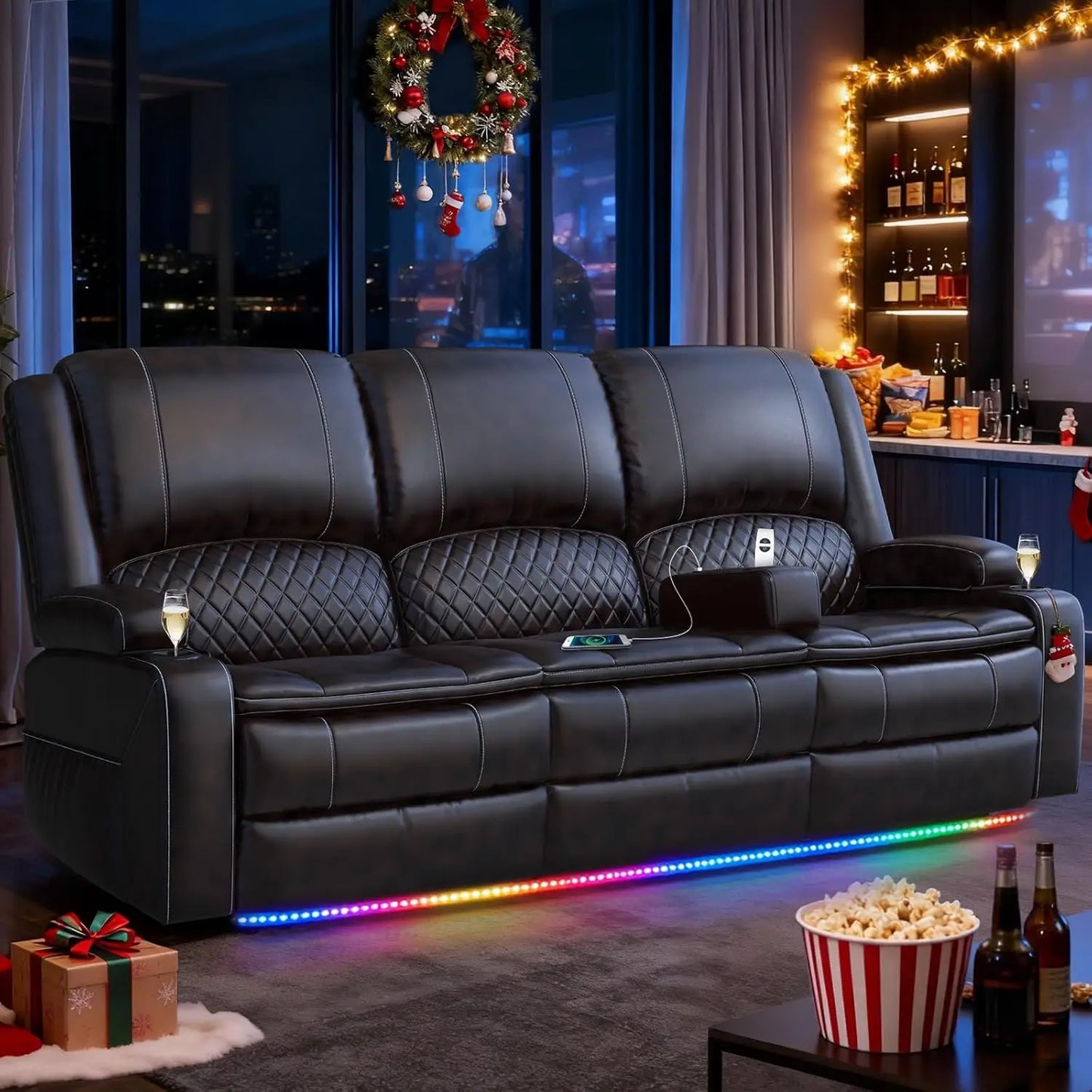 Three Seat PU Leather Recliner Sofa With Console And USB Ports