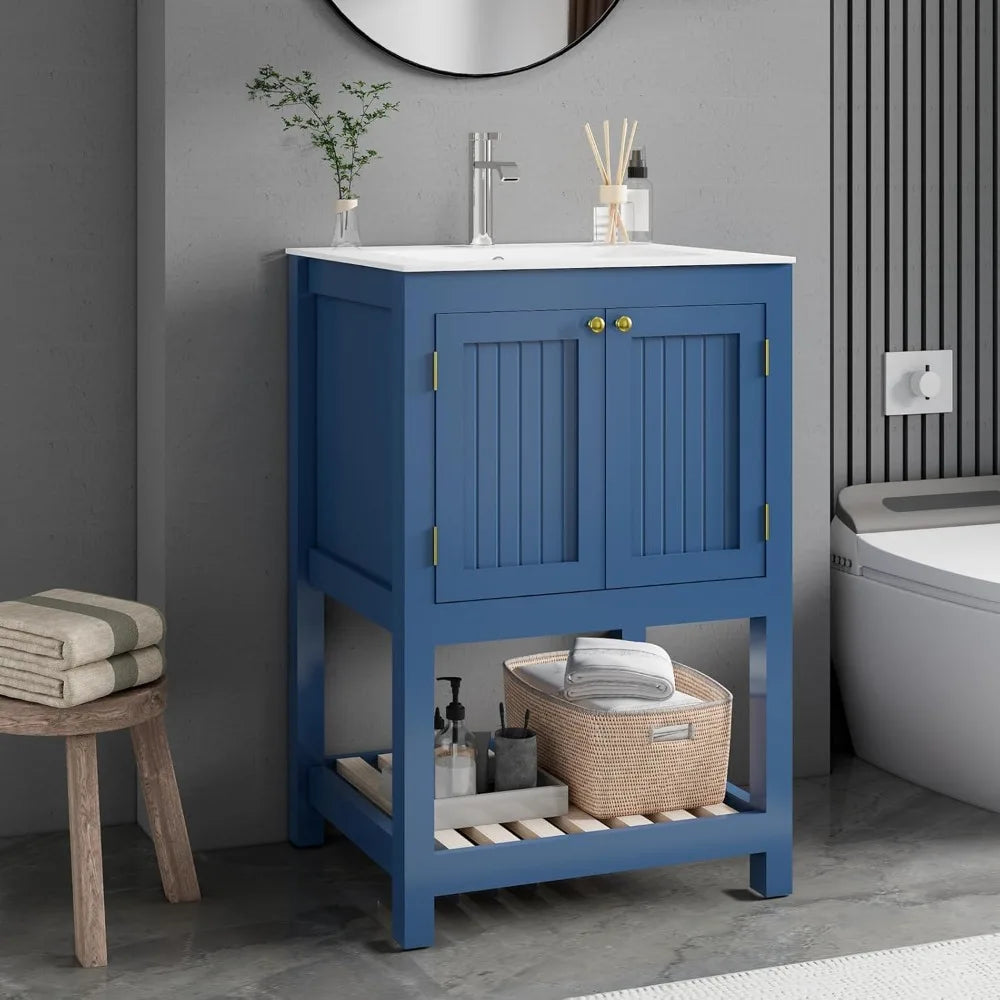 Modern Freestanding Bathroom Vanity With Sink And Open Shelf Storage