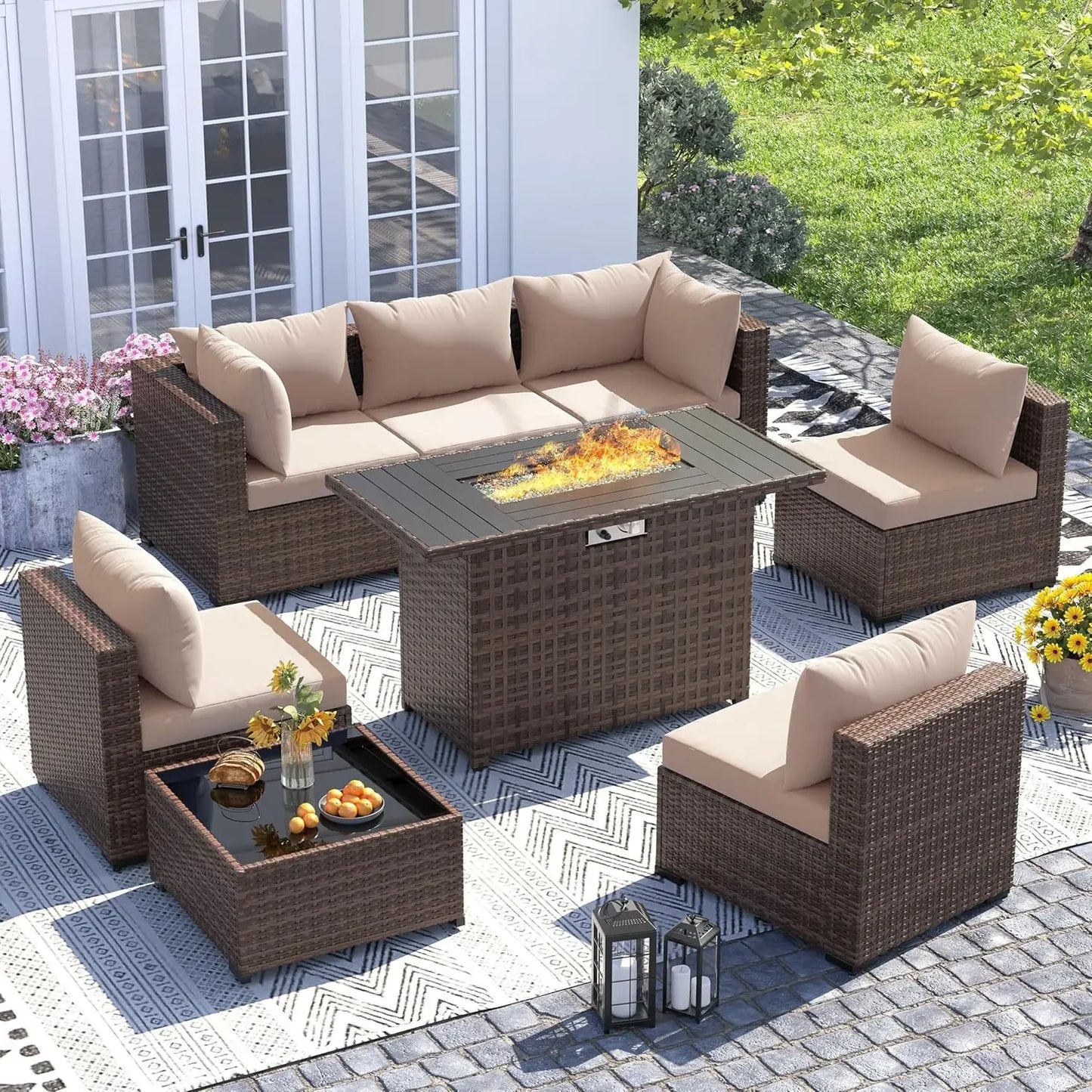 Outdoor 8-Piece Fire Pit Patio Set With All-Weather Wicker
