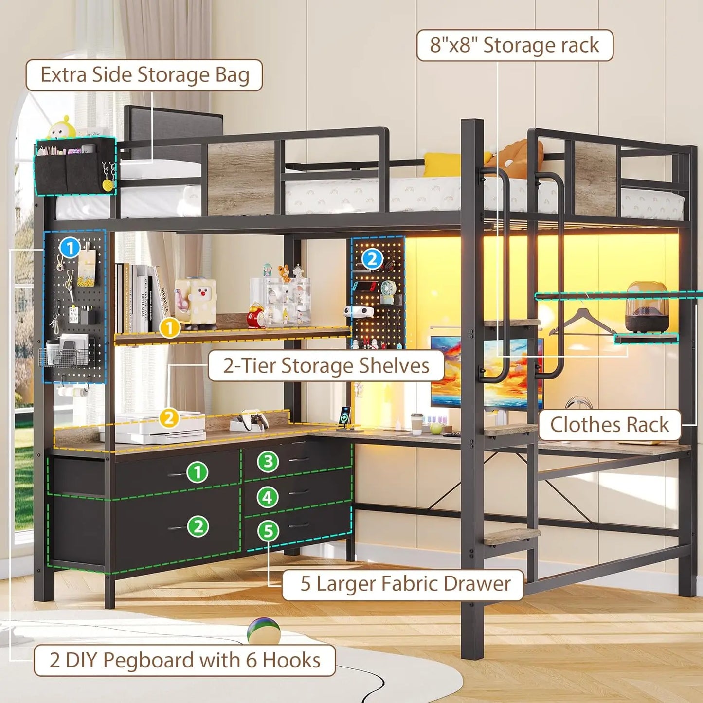 Dnxao Full Loft Bed With Desk Storage Drawers LED Lights