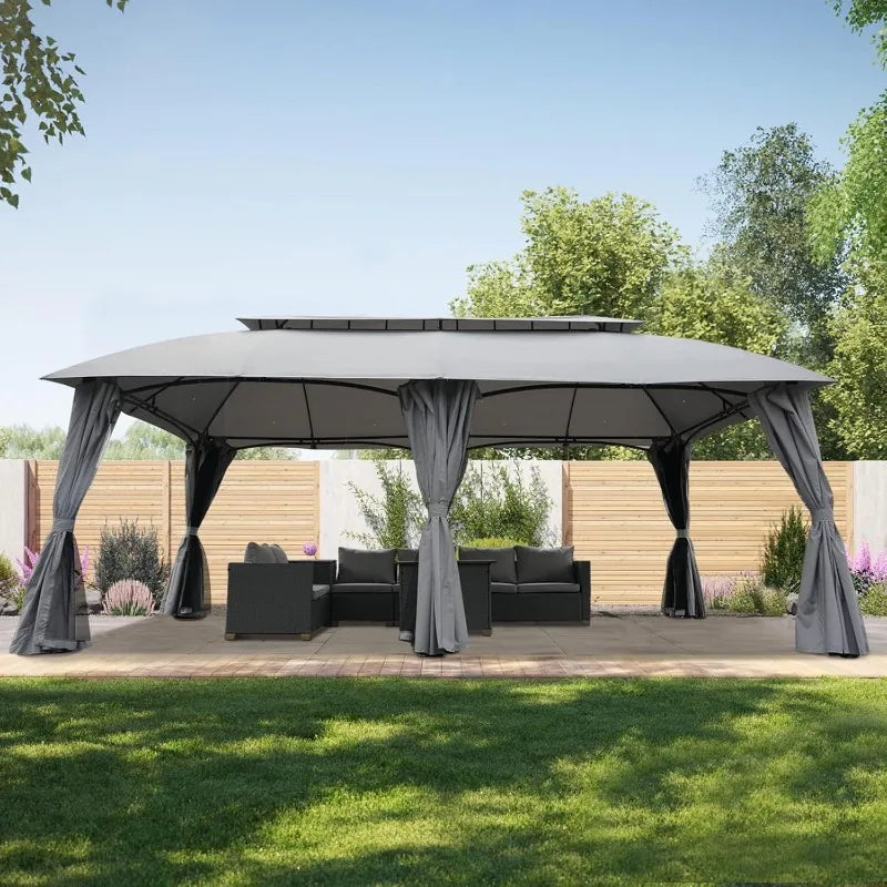 Gazebo For Patio With Double Vent Canopy, Privacy Curtains, Netting