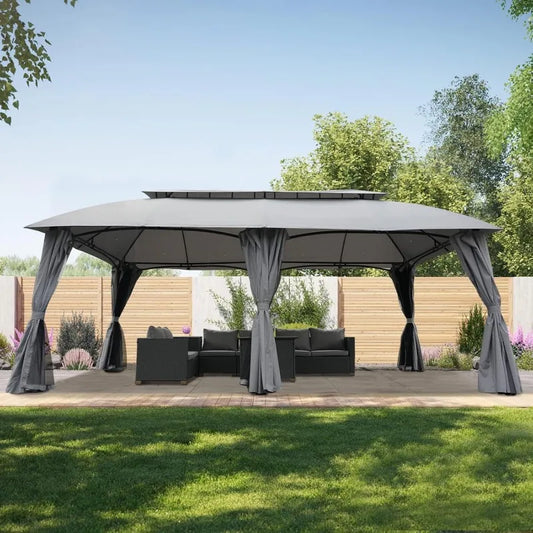 Gazebo For Patio With Double Vent Canopy, Privacy Curtains, Netting