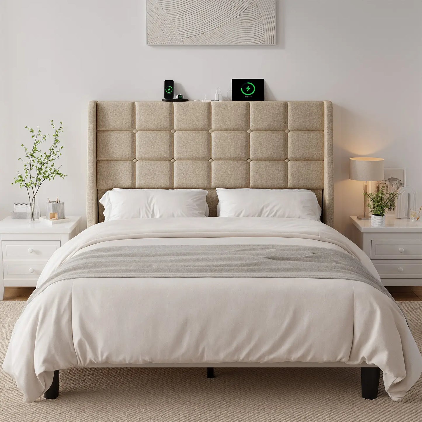ONBRILL Upholstered Wingback Headboard With Tufted Buttons And Storage