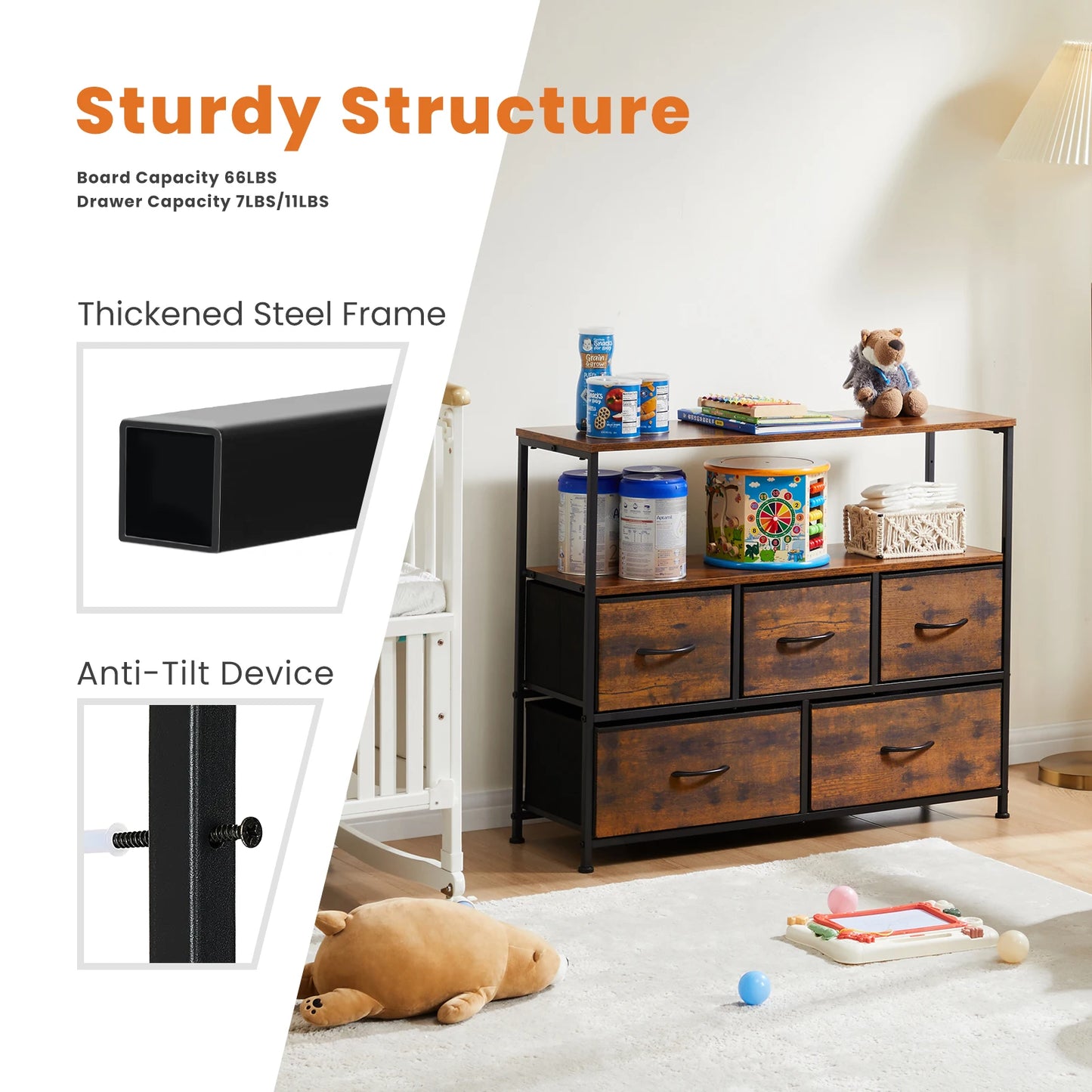 JHK Shoe Cabinet Dresser With Five Fabric Drawers And TV Stand