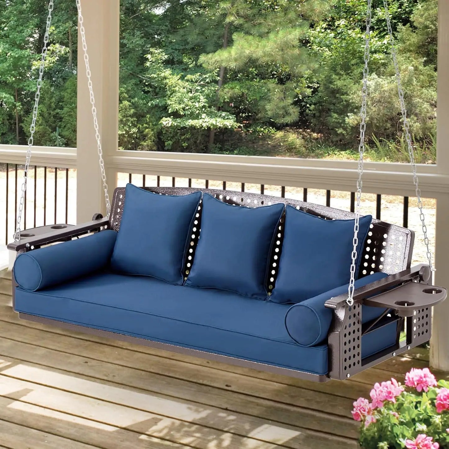 Outdoor Porch Swing Bench With Cup Holders And Back Cushions