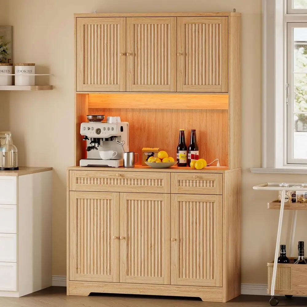 Illuminated Tall Kitchen Pantry Cabinet With Charging And Microwave Storage